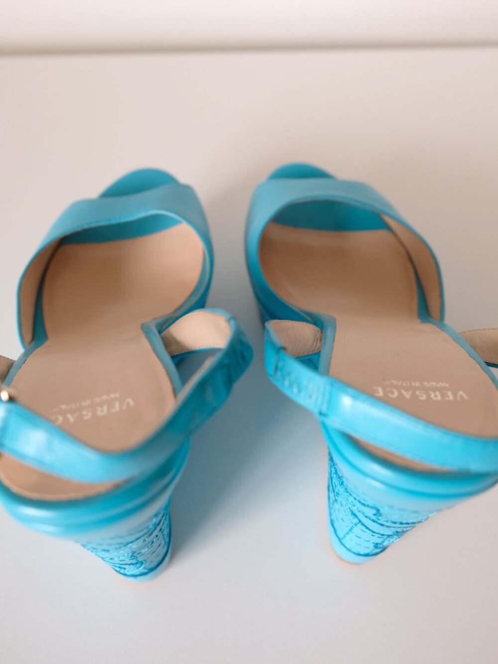 Versace Leather Slingback Peep Toe Wedges, Turquoise, Size 8, Great condition - Picture 6 of 12